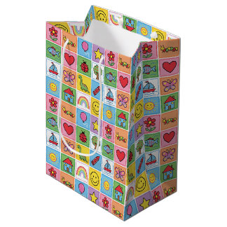 Farbenfrohe Kinder Icons Patchwork-Geschenktasche Mittlere Geschenktüte