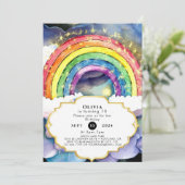 Farbenfrohe Kinder' magischer Regenbogen Geburtsta Einladung (Stehend Vorderseite)