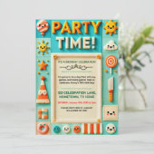 Farbenfrohe Kindergeburtstag Party Einladung (Stehend Vorderseite)