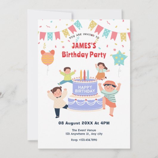 Farbenfrohe Kindergeburtstag Party Einladung (Vorderseite)