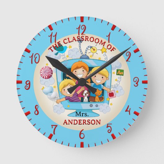Farbenfrohe Klassenlehrerin Runde Wanduhr (Vorderseite)
