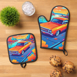 Farbenfrohe Klassik Ride Design Ofenhandschuh & Topflappen-Set