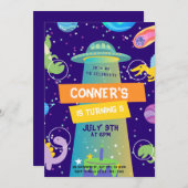 Farbenfrohe Kleine Dino Weltraum Geburtstag Einladung (Vorne/Hinten)