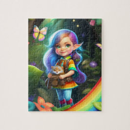 Farbenfrohe kleine Niedliche Elf-Girl mit Katze Puzzle