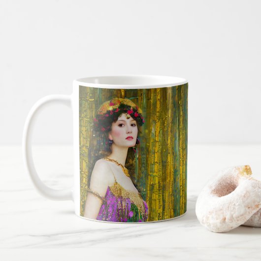 Farbenfrohe Klimt Style Collage Porträt einer Frau Kaffeetasse (Mit Donut)