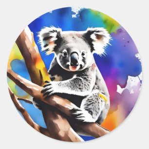 Farbenfrohe Koala Bear Watercolor Splash, Runder Aufkleber