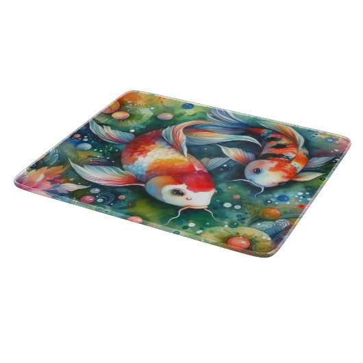Farbenfrohe Koi Fisch Whimsisches Wasser Orange Aq Schneidebrett (Ecke)
