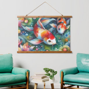 Farbenfrohe Koi Fisch Whimsisches Wasser Orange Aq Wandteppich Mit Holzrahmen