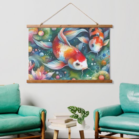 Farbenfrohe Koi Fisch Whimsisches Wasser Orange Aq Wandteppich Mit Holzrahmen (Wohnzimmer)