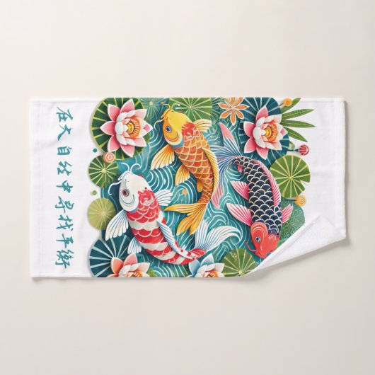 Farbenfrohe Koi Schwimmen in Lotus Gefüllter Teich Badhandtuch Set (Handtuch)