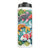 Farbenfrohe Koi Schwimmen in Lotus Gefüllter Teich Thermosbecher (Vorderseite)