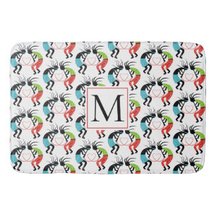Farbenfrohe Kokopelli-Herzmuster und Monogramm Badematte