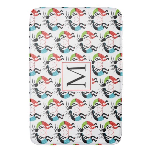 Farbenfrohe Kokopelli-Herzmuster und Monogramm Badematte (Vorderseite Vertikal)