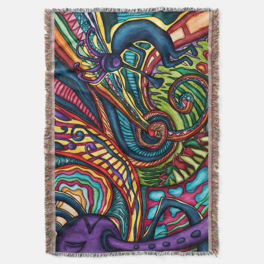 Farbenfrohe Kokopelli-Tänzerin mit Flöte, Südweste Decke (Vorderseite Vertikal)