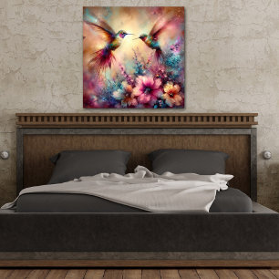 Farbenfrohe Kolibris im Blumengarten Aquarell Poster