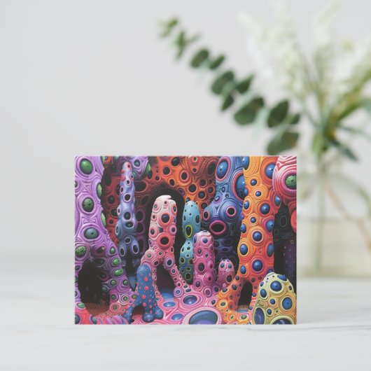 Farbenfrohe, komische Kreaturen Abstrakt Postkarte (Stehend Vorderseite)