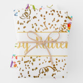 Farbenfrohe Konfetti Streamer Gold Custom Geschenkpapier Set (Beispiel)