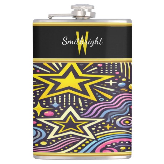 Farbenfrohe kosmische Muster twinkeln im lebhaften Flachmann (Vorderseite)