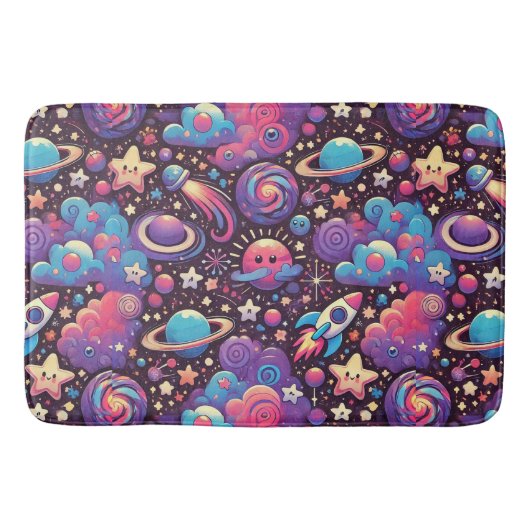 Farbenfrohe kosmische Szene mit Cartoon Planets Badematte (Vorderseite)