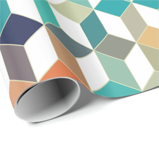 Farbenfrohe Kuben-Muster über weißem Hintergrund Geschenkpapier (Rolleneckpunkt)