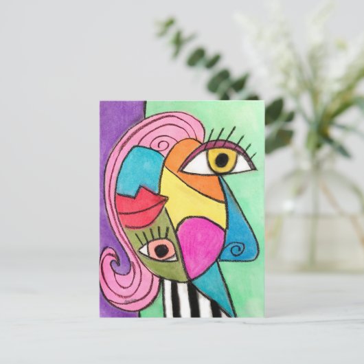 Farbenfrohe kubistische Abstrakte Gesichtspflege W Postkarte (Stehend Vorderseite)