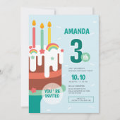 Farbenfrohe Kuchen & Regenbogen Kinder 3. Geburtst Einladung (Vorderseite)