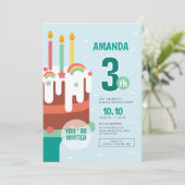 Farbenfrohe Kuchen & Regenbogen Kinder 3. Geburtst Einladung (Stehend Vorderseite)