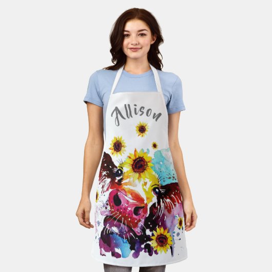 Farbenfrohe Kuh mit Sonnenblumen Personalisierte S Schürze (Getragen)