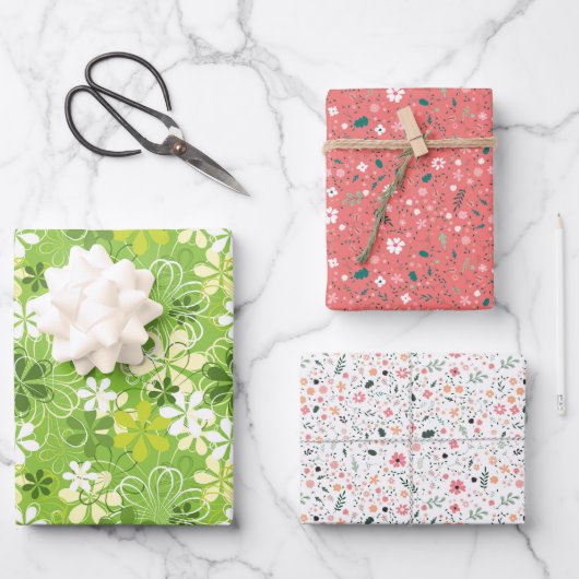 Farbenfrohe Kunst Illustration Natur Blumenmuster Geschenkpapier Set (Vorderseite)