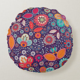 Farbenfrohe Kunst Illustration Natur Blumenmuster Rundes Kissen