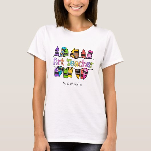 Farbenfrohe Kunstlehrerin Text mit Crayons T-Shirt (Vorderseite)
