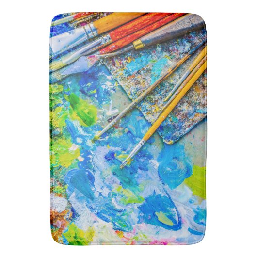 Farbenfrohe künstlerische Palette und Pinsel einzi Badematte (Vorderseite Vertikal)