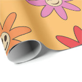 Farbenfrohe Lächelnde Blume Muster auf Orange Geschenkpapier (Rolleneckpunkt)