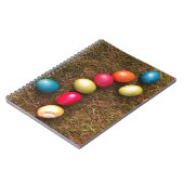 Farbenfrohe lackierte Eier im Garten, Ostereier Notizblock (Linke Seite)