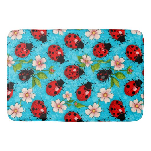 Farbenfrohe Ladybug-Muster mit Blume Badematte (Vorderseite)