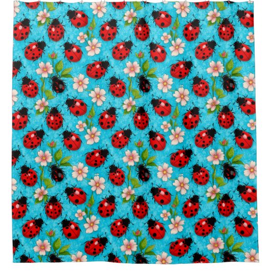 Farbenfrohe Ladybug-Muster mit Blume Duschvorhang (Vorderseite)