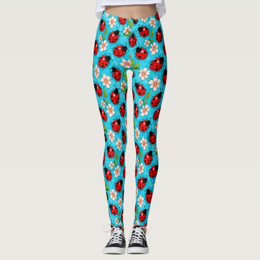 Farbenfrohe Ladybug-Muster mit Blume Leggings (Vorderseite)