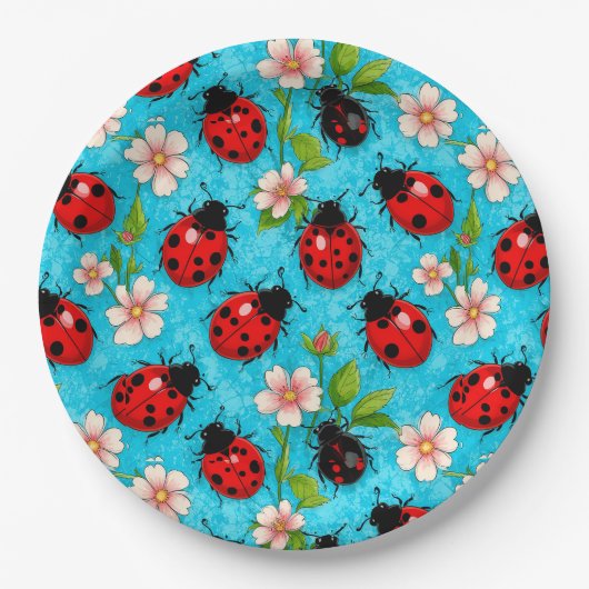 Farbenfrohe Ladybug-Muster mit Blume Pappteller (Vorderseite)
