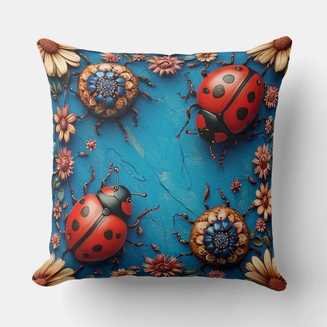 farbenfrohe Ladybugs und Blume Kissen (Vorderseite)