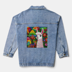 Farbenfrohe Lama umgeben von Blume Jeansjacke