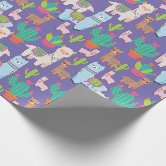 Farbenfrohe Lama- und Kaktusmuster Geschenkpapier (Ecke)