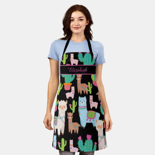 Farbenfrohe Lama- und Kaktusmuster Schürze (Getragen)