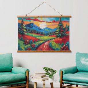 Farbenfrohe Landschaft Kunst, Dichtung und Musik Wandteppich Mit Holzrahmen