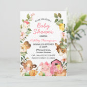 Farbenfrohe Landtiere Pink Barn Baby Dusche Einladung (Stehend Vorderseite)