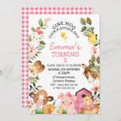 Farbenfrohe Landtiere Rosa Barn Geburtstag Einladung (Vorne/Hinten)