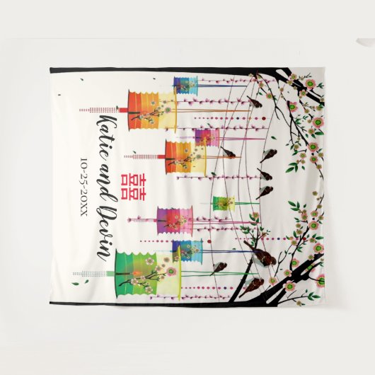 Farbenfrohe Lanterns Tree Birds Chinesische Hochze Wandteppich (Vorderseite (Horizontal))