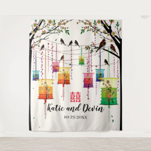 Farbenfrohe Lanterns Tree Birds Chinesische Hochze Wandteppich