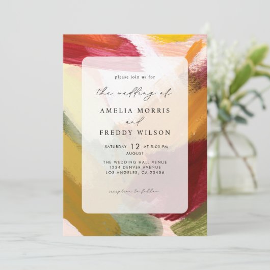 Farbenfrohe, lebendige, Abstrakte Hochzeit in Hand Einladung (Stehend Vorderseite)