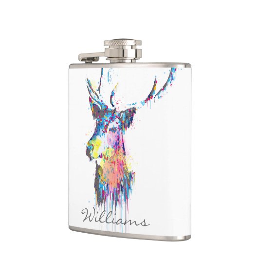 farbenfrohe, lebendige Aquarelltöne Spritzer Hirsc Flachmann (Links)