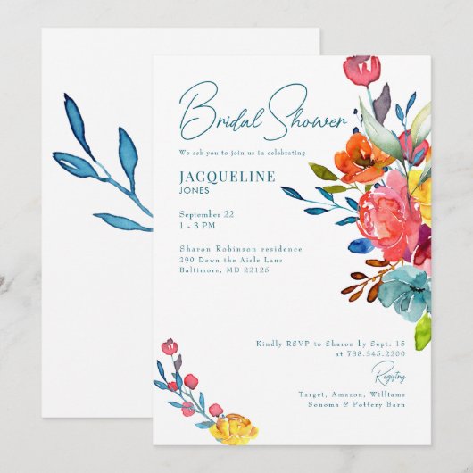 Farbenfrohe, lebendige Frühlingsflora Brautparty Einladung (Vorne/Hinten)